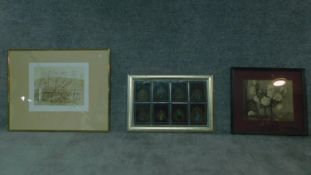 A collection of paintings, including a still life pencil drawing, oriental painted leaves with