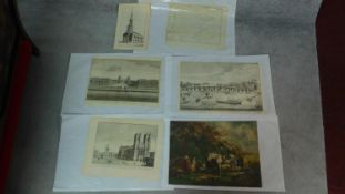 Five antique prints of architectural studies, hunting scene and a map of Spain. 51x40cm (largest)