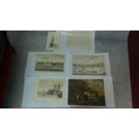 Five antique prints of architectural studies, hunting scene and a map of Spain. 51x40cm (largest)