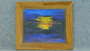 A framed oil on board, abstract setting sun, signed. 33x40cm