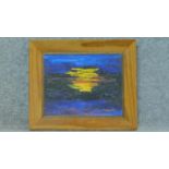 A framed oil on board, abstract setting sun, signed. 33x40cm