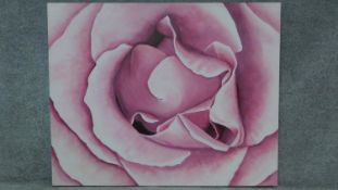 A large unframed oil on canvas, study of a rose, signed Charlotte Gerrard verso. 112x140cm