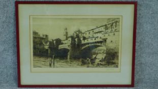 A signed etching by engraver Ernest George of a view of a bridge over a river from the river bank.