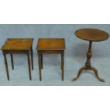 A pair of mahogany side tables and a Georgian style tripod table. H.56cm (tallest)