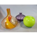 A trio of art glass vases, two hand blown. Tallest 25 cm.