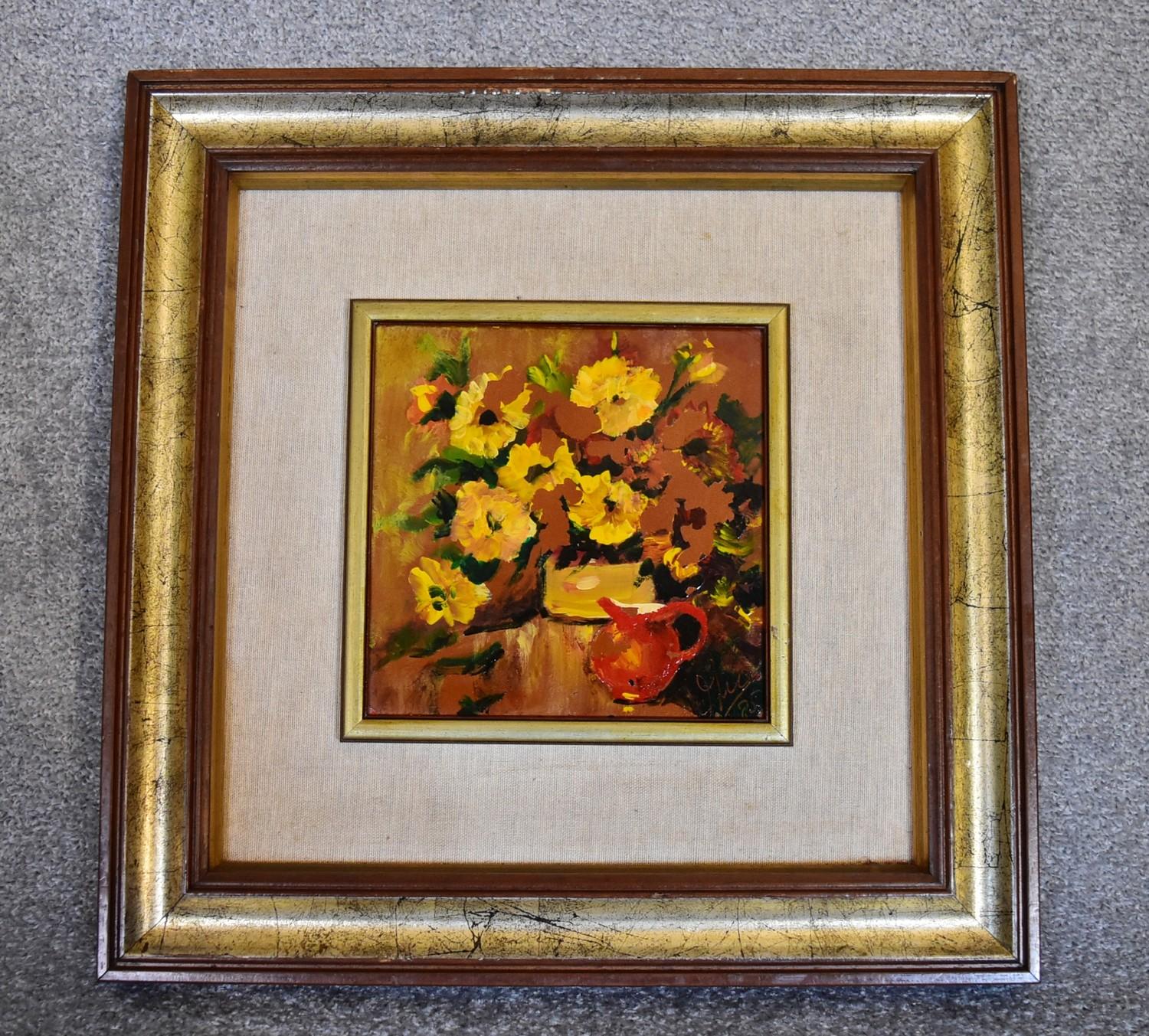 A pair of framed oils on terracotta tile, still life flowers, monogrammed. 45x45cm (some paint - Image 5 of 8