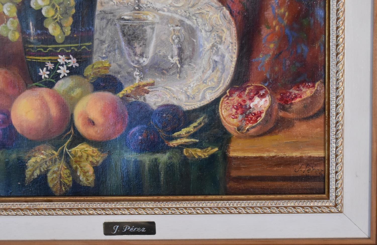 A gilt framed oil on canvas, still life fruit, signed J Perez. 64cm x 57cm. - Image 3 of 4