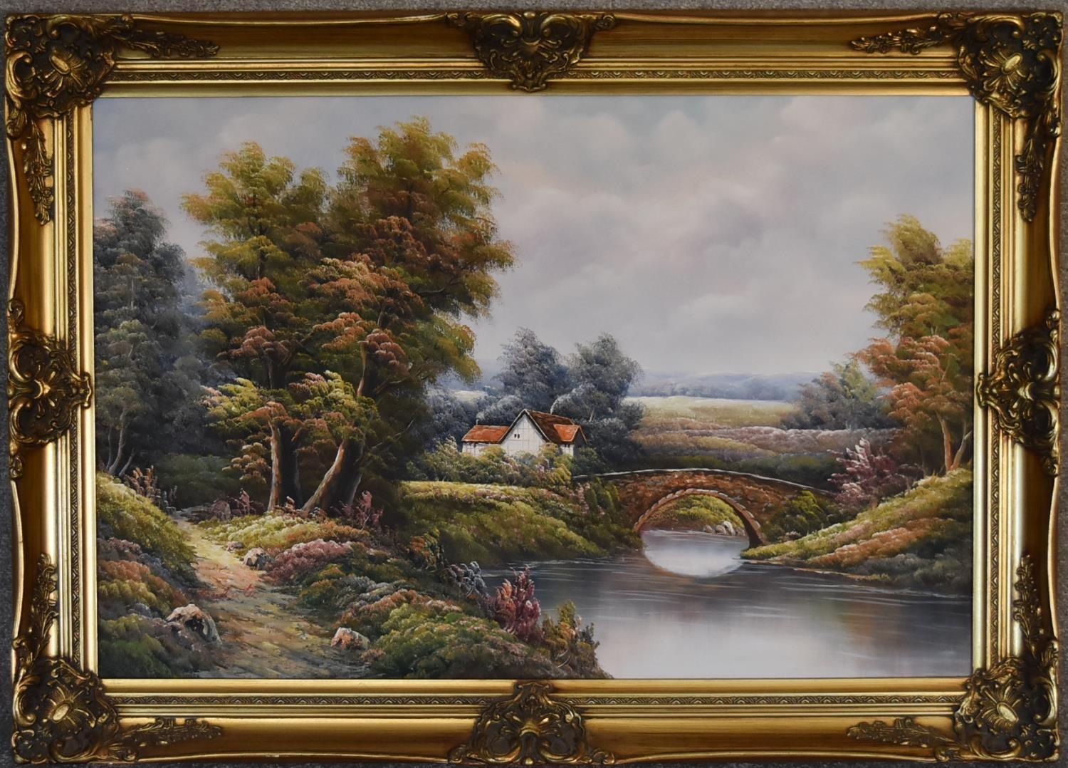 A gilt framed oil on canvas, river scene, signed K. Roberto, H.76 x 105cm