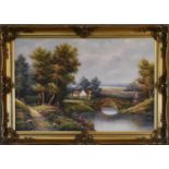 A gilt framed oil on canvas, river scene, signed K. Roberto, H.76 x 105cm