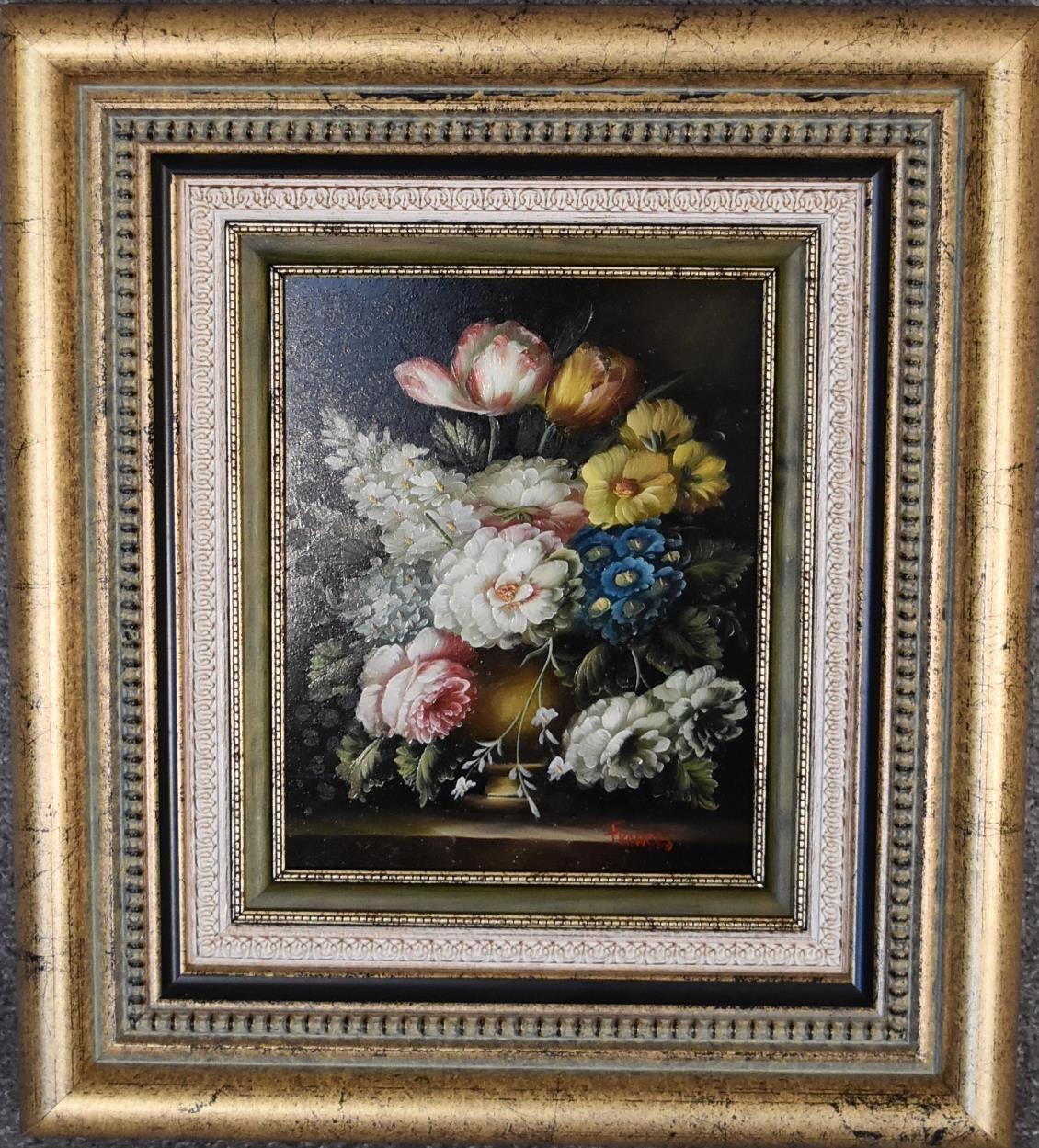 A gilt framed oil on canvas, still life flowers, signed. 39cm x 43cm.