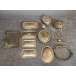 A miscellaneous collection of silver plated tureens, lids and a tray. (10 pieces)