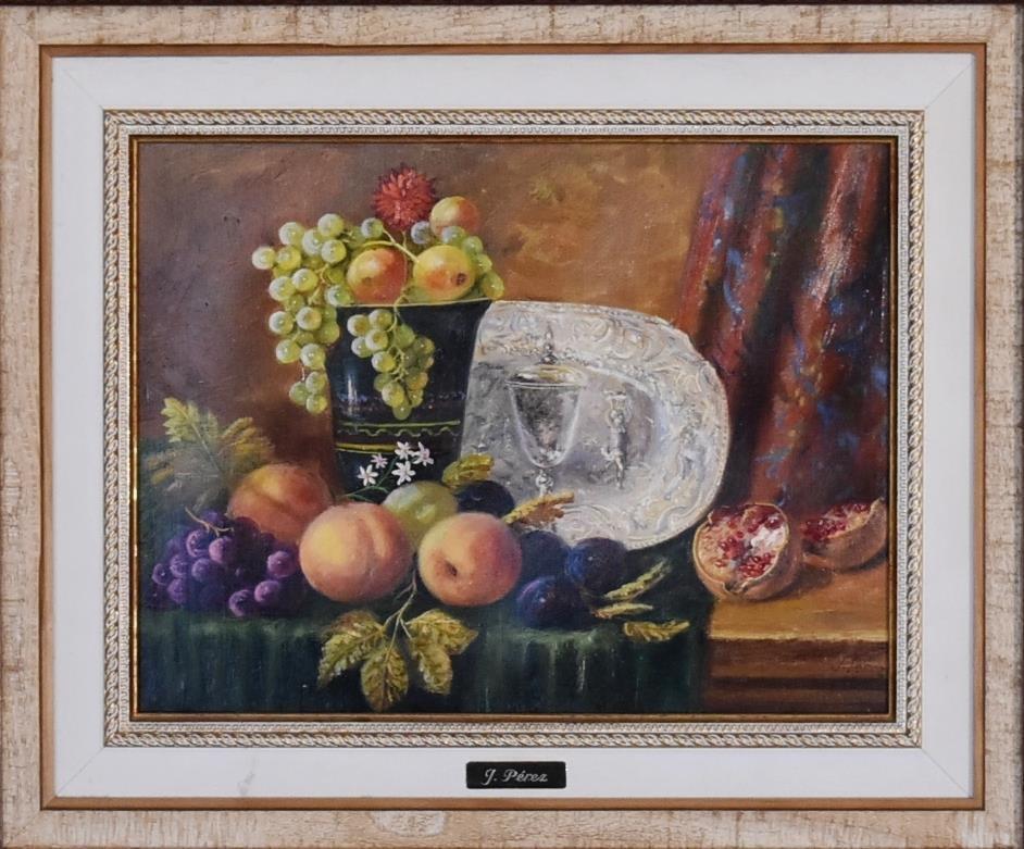 A gilt framed oil on canvas, still life fruit, signed J Perez. 64cm x 57cm. - Image 2 of 4