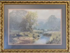 A large framed and glazed print, riverscape. 100 x 75cm.