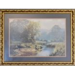 A large framed and glazed print, riverscape. 100 x 75cm.