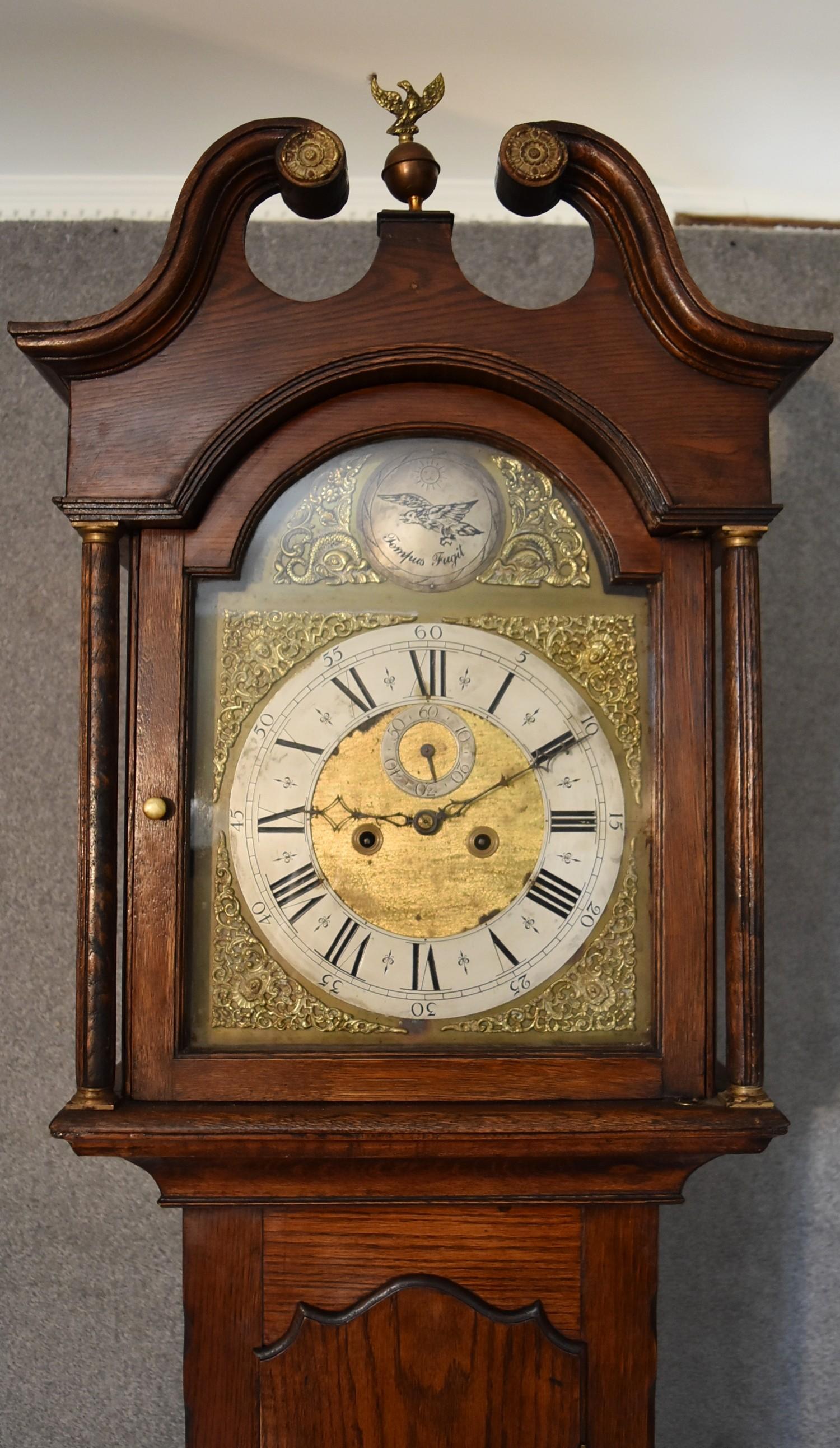 A 19th century oak cased eight day longcase clock with brass dial, has weights and pendulum. H.230 x - Image 2 of 4