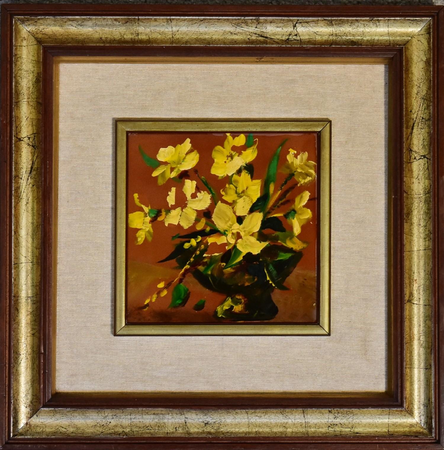 A pair of framed oils on terracotta tile, still life flowers, monogrammed. 45x45cm (some paint - Image 2 of 8