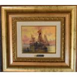 A gilt framed oil on board, sailing ship, indistinctly signed 40cm x 45cm.