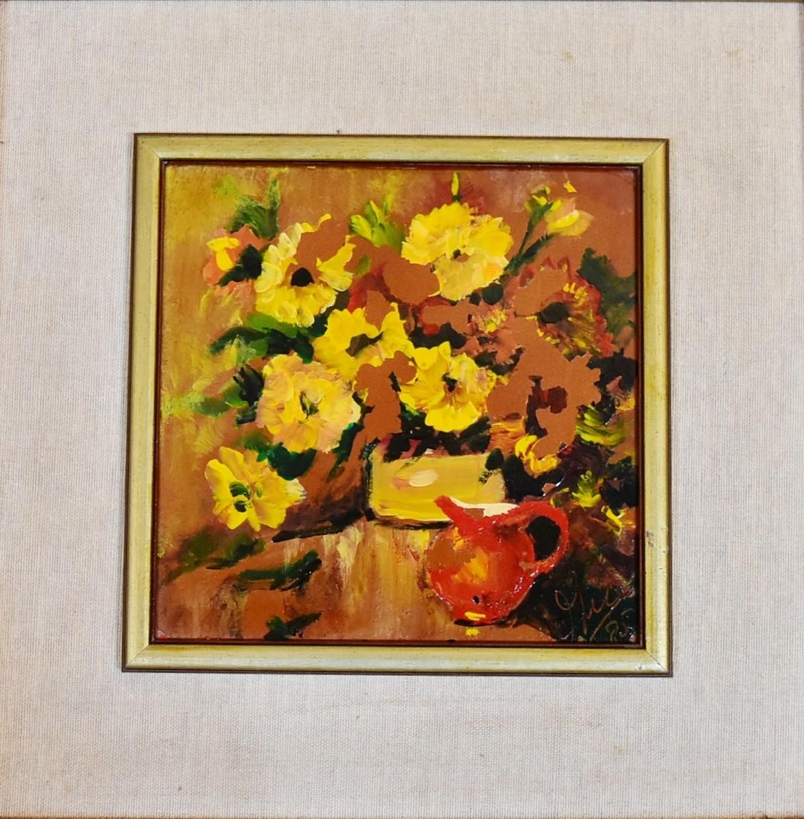 A pair of framed oils on terracotta tile, still life flowers, monogrammed. 45x45cm (some paint - Image 4 of 8