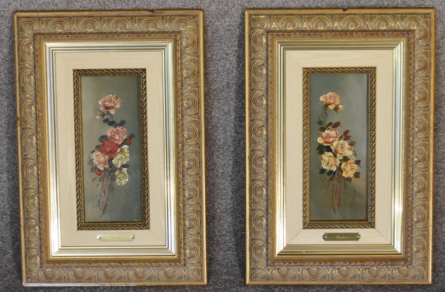 A pair of gilt framed oil on board, flowers, signed Gisbert. 35cm x 43cm