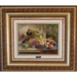 A gilt framed oil on canvas, still life fruit, signed J Perez. 66cm wide x 57cm tall.