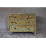 A mid 20th century mahogany chest of drawers in distressed painted finish. H.80 x 106cm