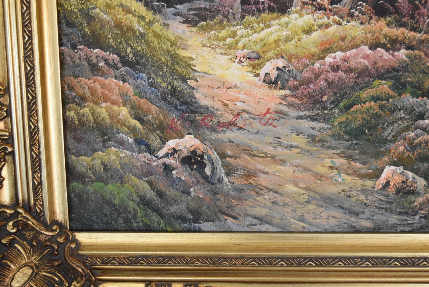 A gilt framed oil on canvas, river scene, signed K. Roberto, H.76 x 105cm - Image 3 of 4