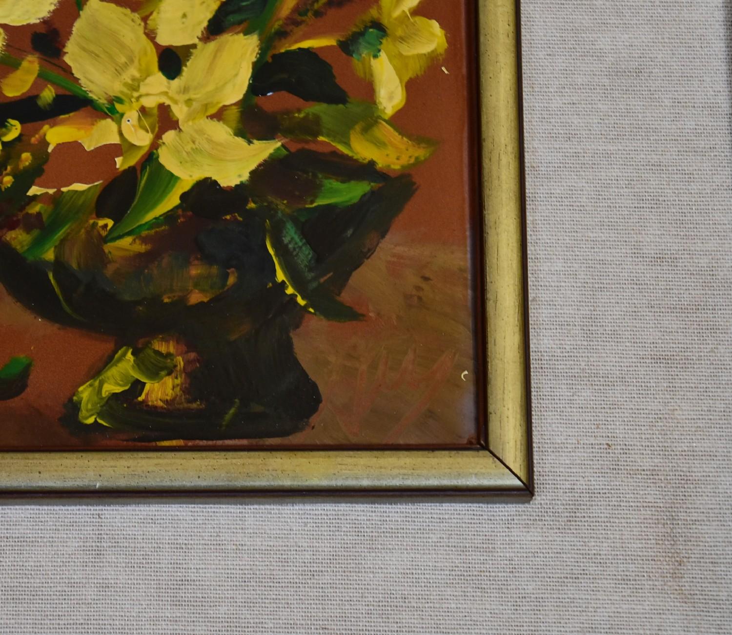 A pair of framed oils on terracotta tile, still life flowers, monogrammed. 45x45cm (some paint - Image 7 of 8