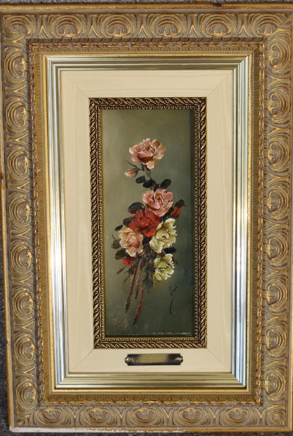 A pair of gilt framed oil on board, flowers, signed Gisbert. 35cm x 43cm - Image 3 of 7