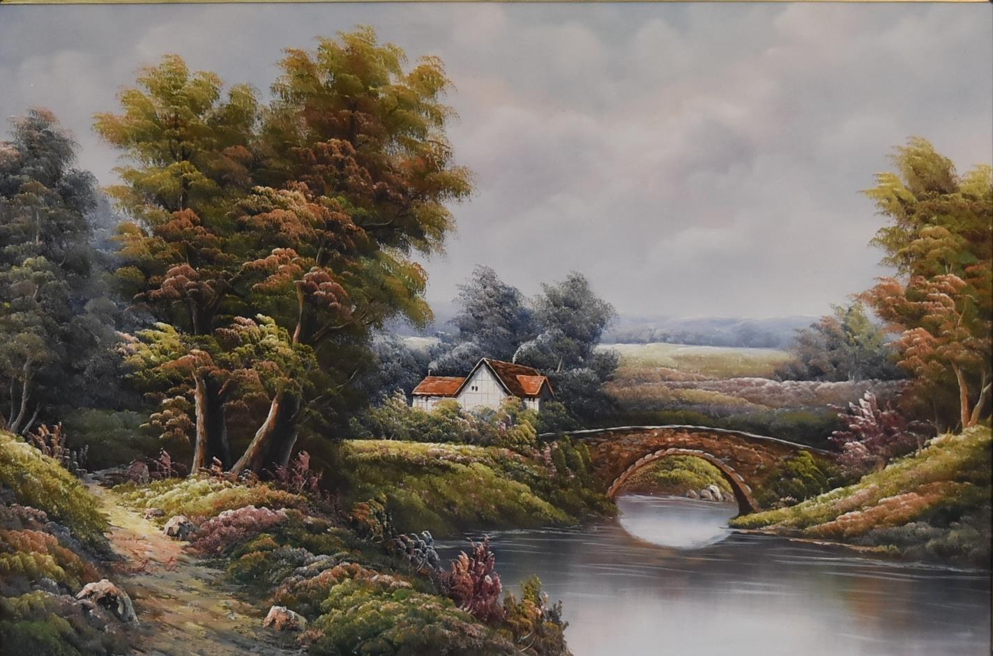 A gilt framed oil on canvas, river scene, signed K. Roberto, H.76 x 105cm - Image 2 of 4