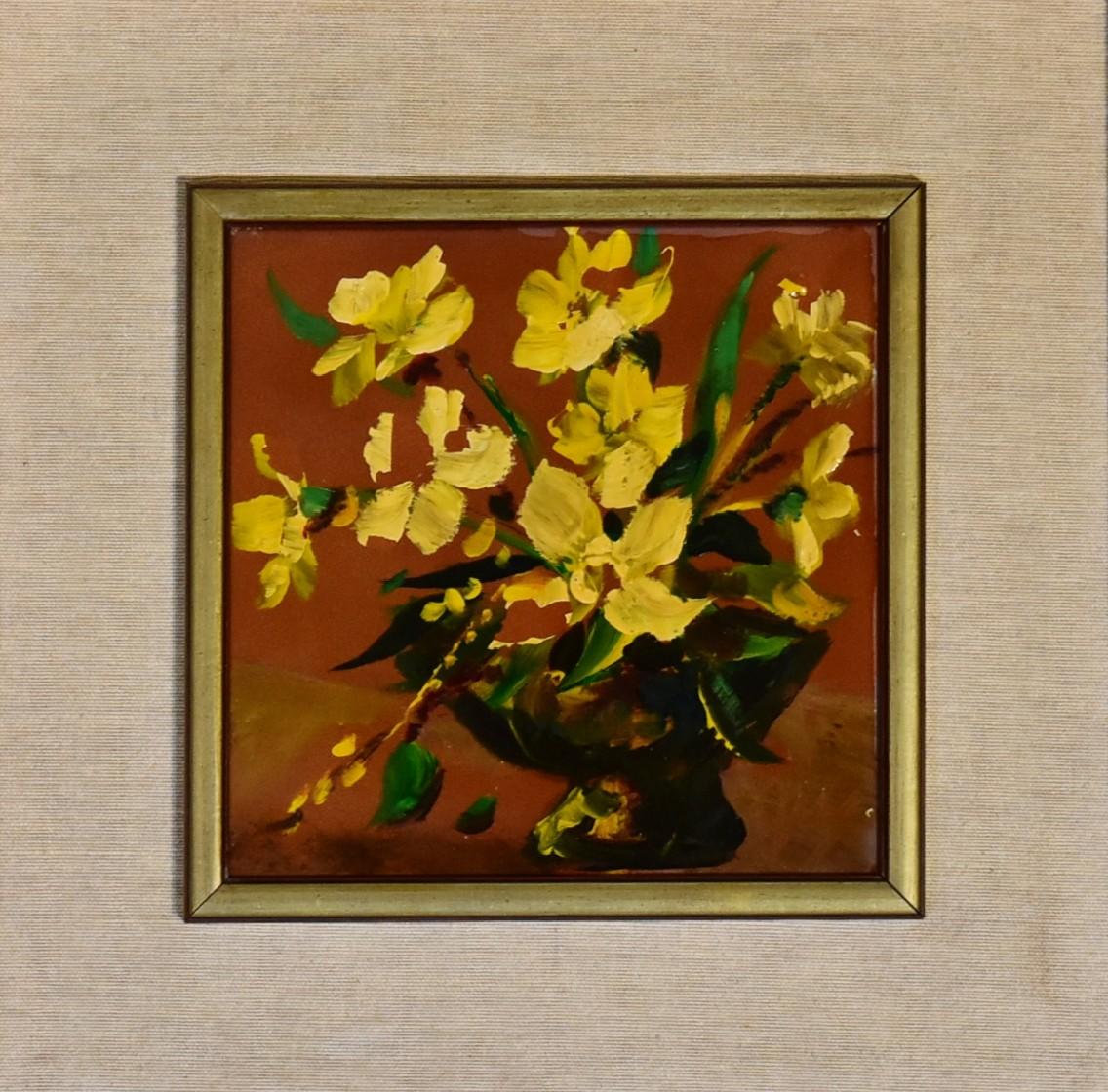 A pair of framed oils on terracotta tile, still life flowers, monogrammed. 45x45cm (some paint