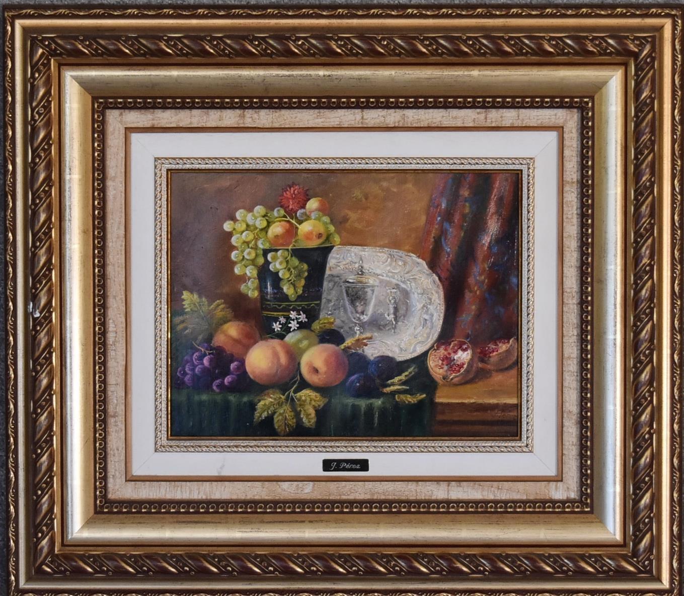 A gilt framed oil on canvas, still life fruit, signed J Perez. 64cm x 57cm.