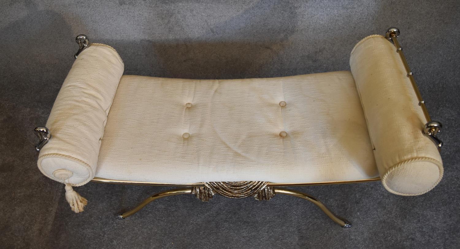 A gilt metal framed stool in cream coloured upholstery. H.60 x 110cm (one end bar missing) - Image 3 of 4