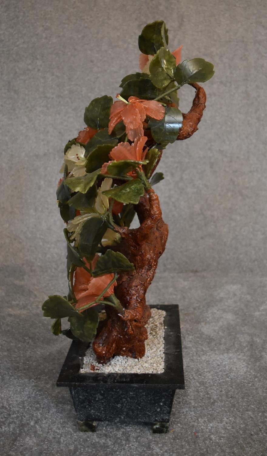 A Chinese carved jade and agate ornamental blossom tree with carved petals and leaves, in - Image 3 of 5