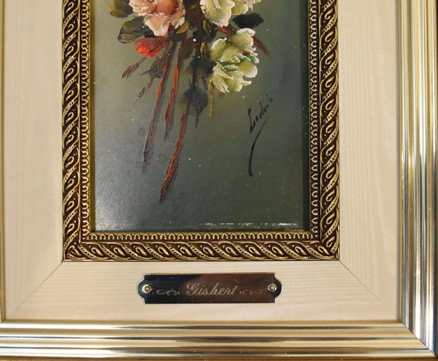 A pair of gilt framed oil on board, flowers, signed Gisbert. 35cm x 43cm - Image 4 of 7