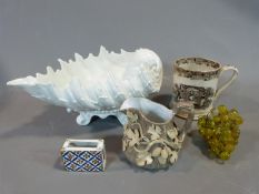 A collection of China and glass including a porcelain shell bowl, hand painted porcelain match box