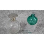 A pair of perfume bottles. One blown turquoise bubble art glass with indistinct signature to base