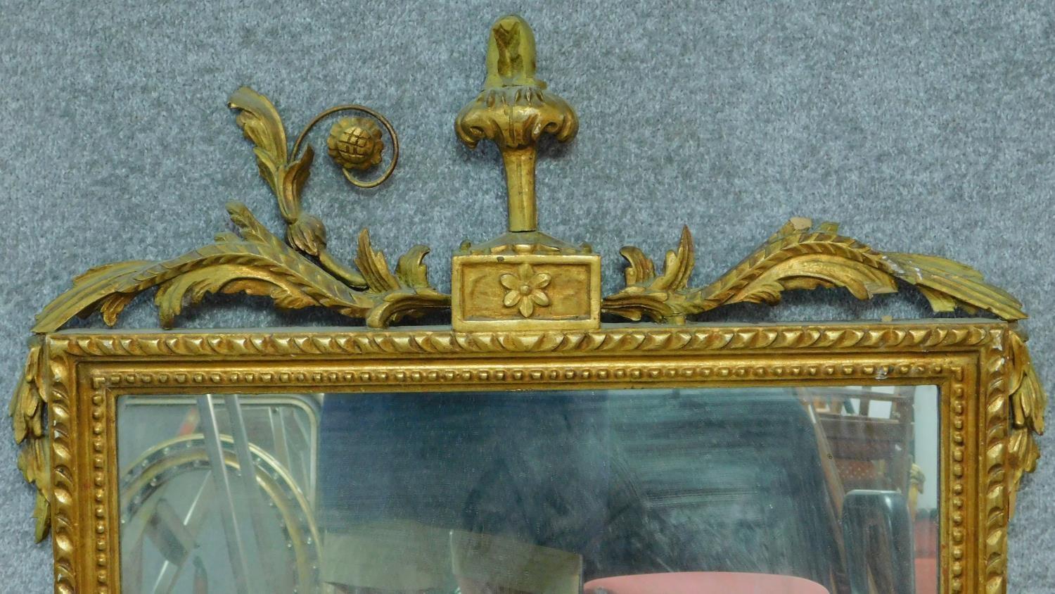 A late 19th century carved giltwood and gesso wall mirror with floral scroll cresting (parts - Image 2 of 7