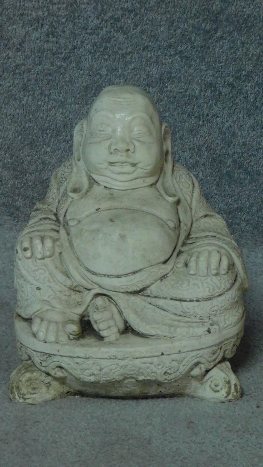 A painted concrete birdbath and seated buddah. Birdbath with three cherubs holding an urn. H.54 ( - Image 2 of 7