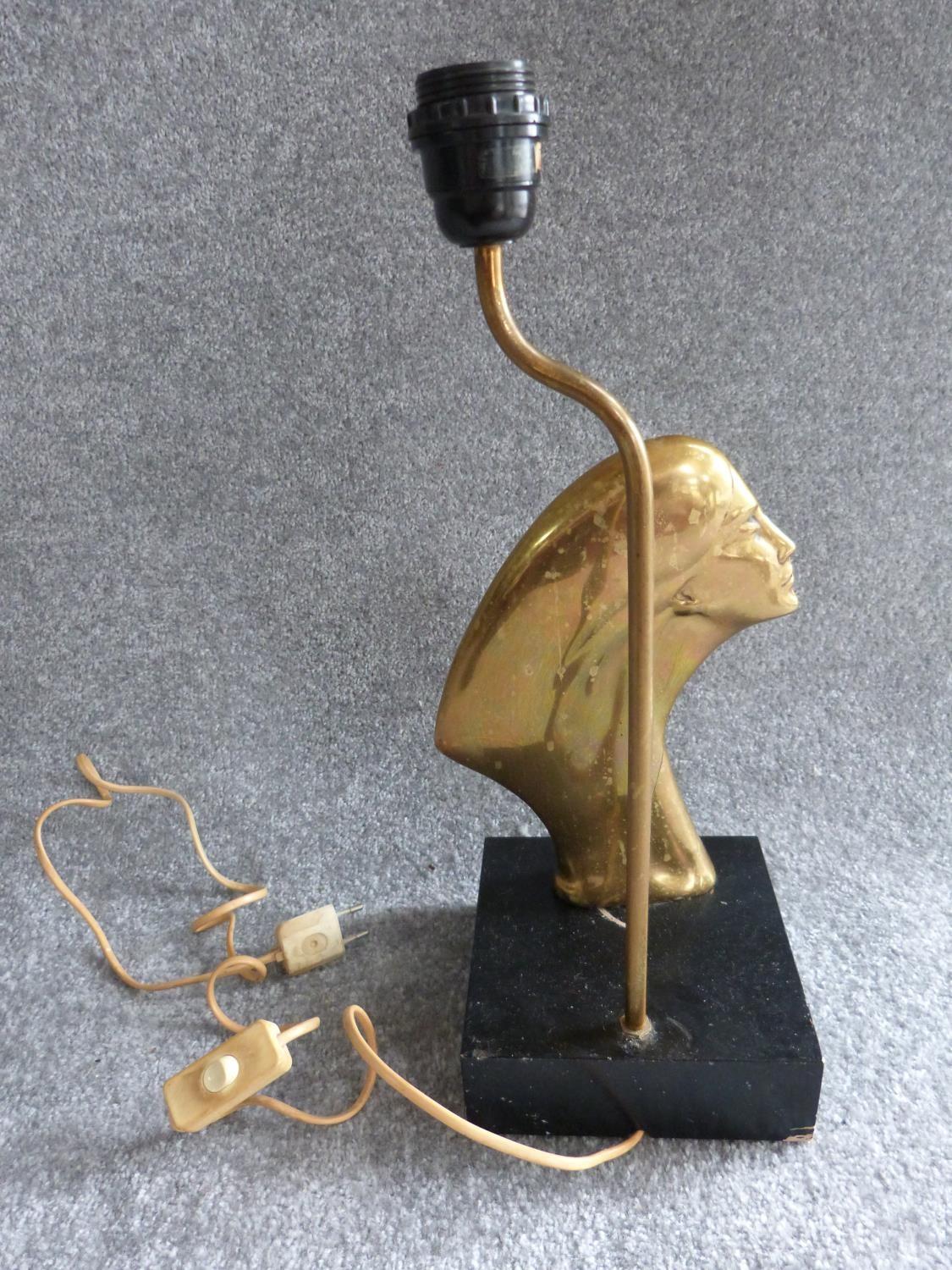 An Art Deco brass lamp with side profile of a lady, mounted on a painted wooden base. H 47cm. - Image 3 of 5
