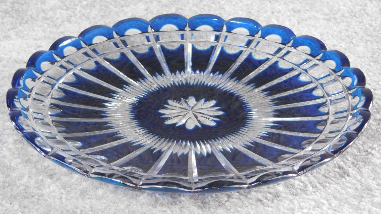 A cut lead crystal blue glass dish. 30x30cm