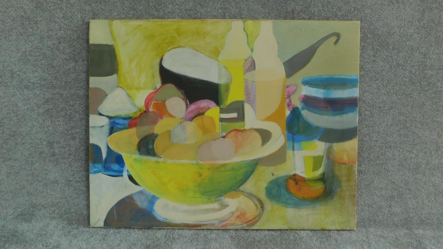 An large unframed oil on canvas, cubist abstract still life, signed L T Reynolds 1958. H.71cm W.92cm