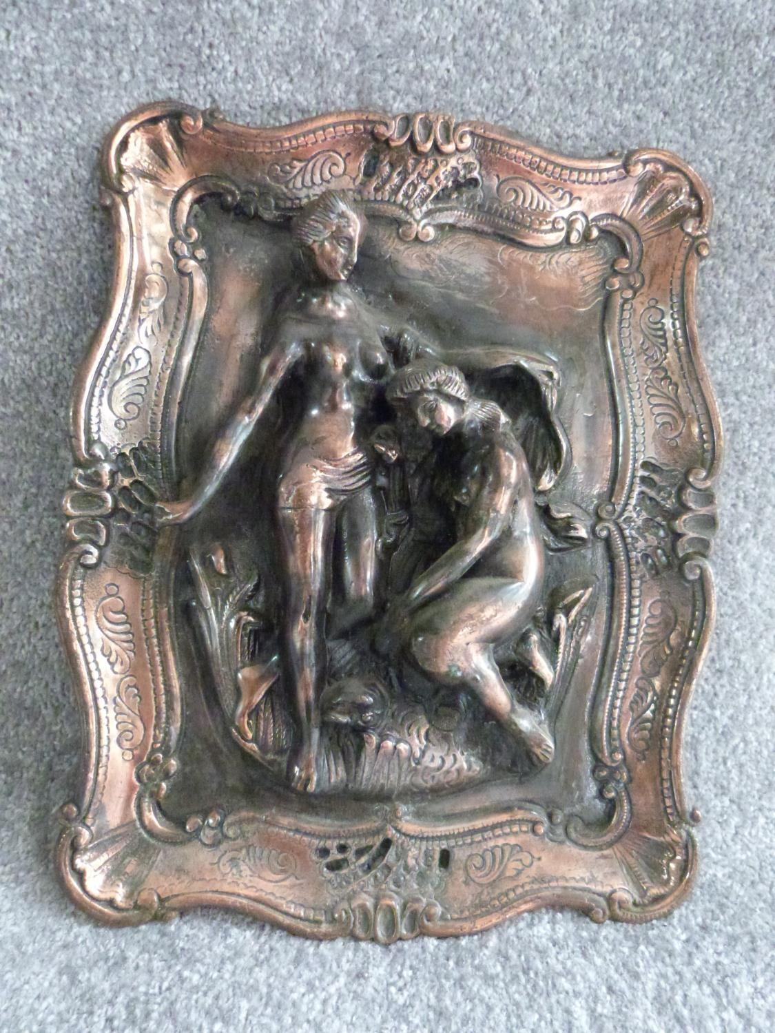 A copper relief moulded wall plaque with male and female figures and a vintage brass openwork easel. - Image 2 of 7