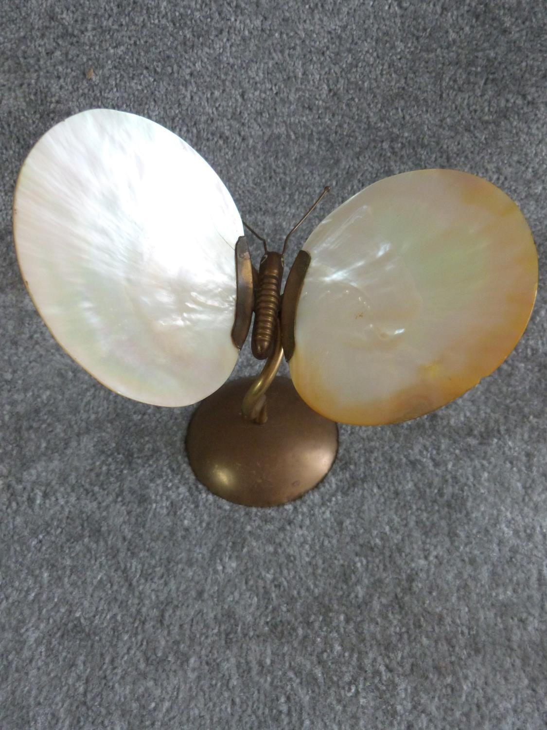 A collection of vintage brass items, including a brass butterfly with oyster shell wings, an - Image 2 of 12