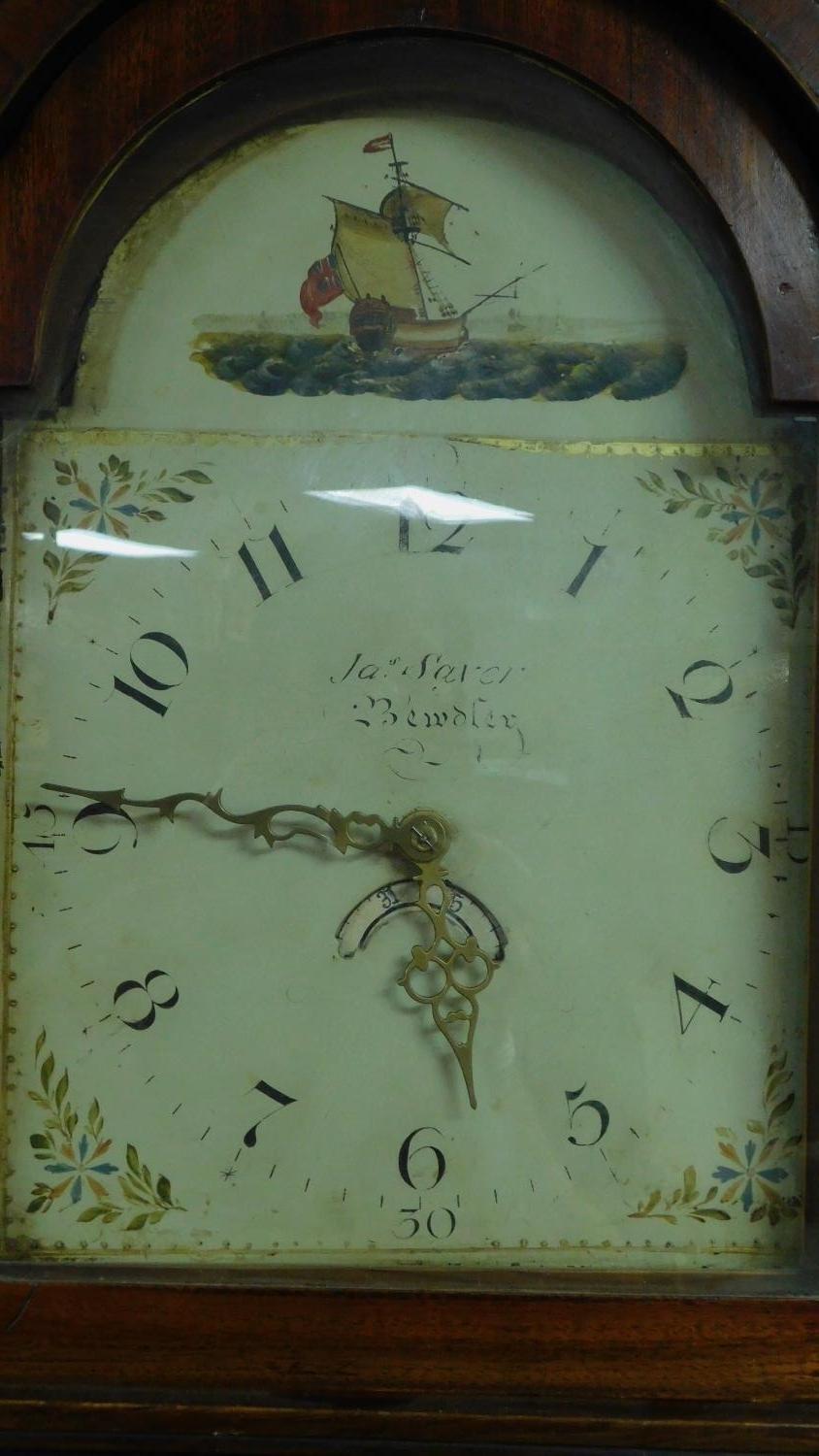 A 19th century oak cased longcase clock with painted arched dial. H.215cm - Image 4 of 10