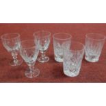 A set of six hand cut crystal glasses by Webb. Three port glasses and three whisky glasses. H.12.5cm