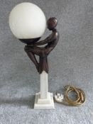 Art Deco style globe lamp with figure of dancer seated on a marble column. Figure made of resin,