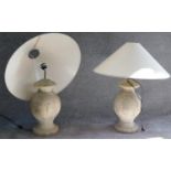 A pair of turned driftwood table lamps and shades. H.78cm