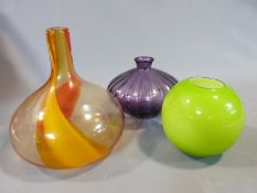 A trio of art glass vases, two hand blown. Tallest 25 cm.