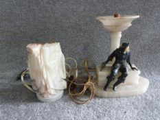 Two vintage alabaster lamps. One abstract carved alabaster and the other with metal figure of a