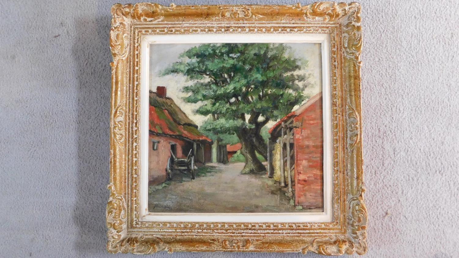 An oil on board in carved frame, farmyard scene, indistinctly signed. 54x54cm